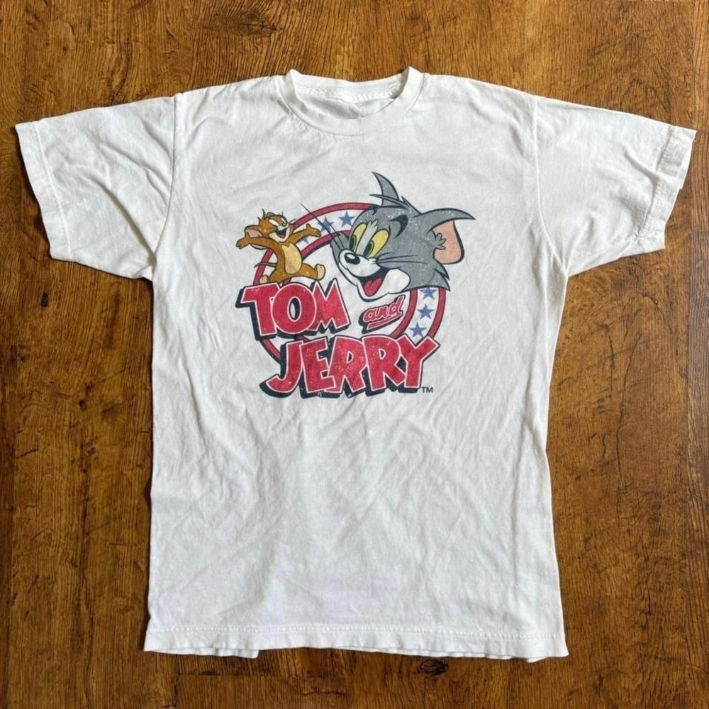 90s style white faded Tom and Jerry Cartoon tee kidcore